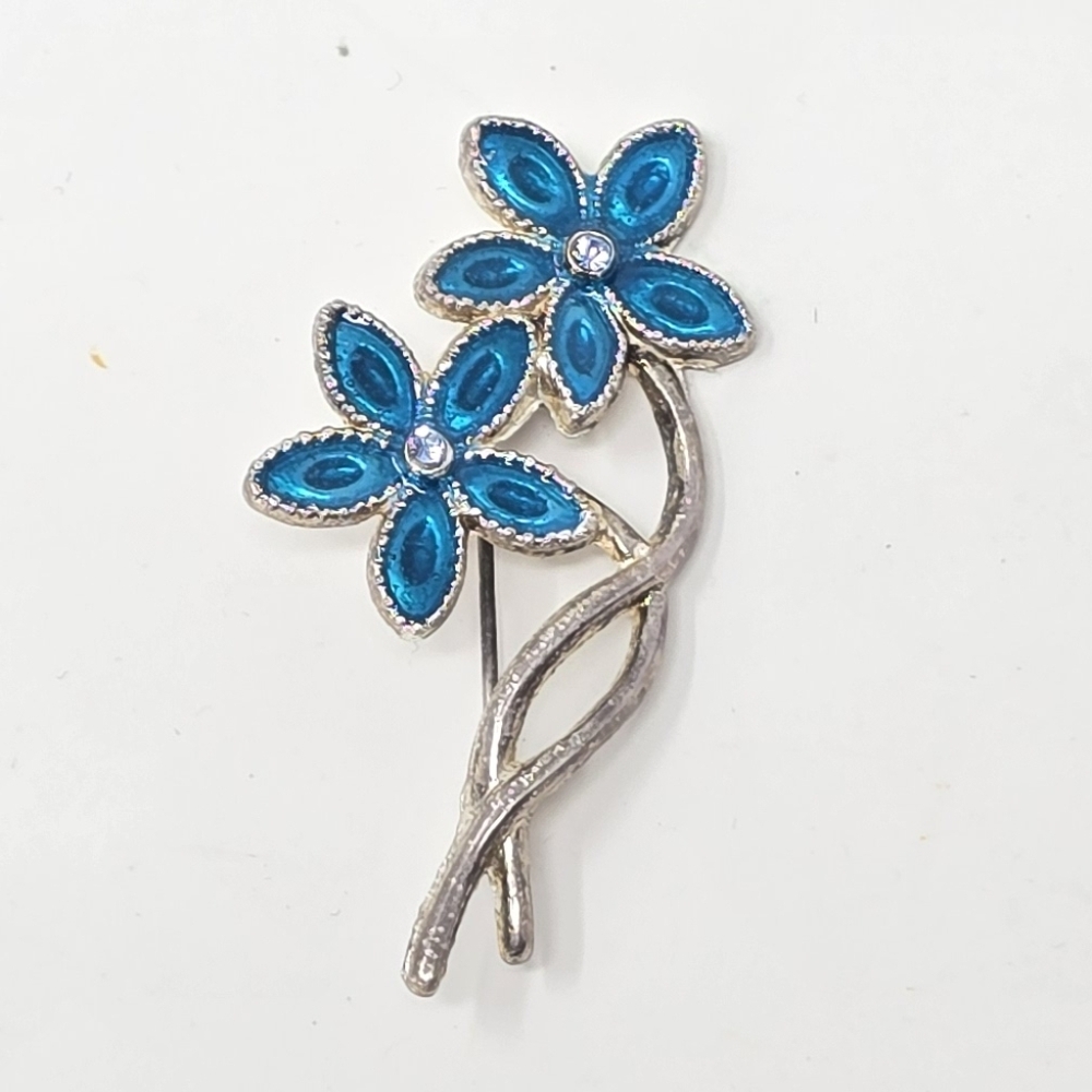 Vintage blue enamel two flower brooch pin‎ silver tone accessories jewelry